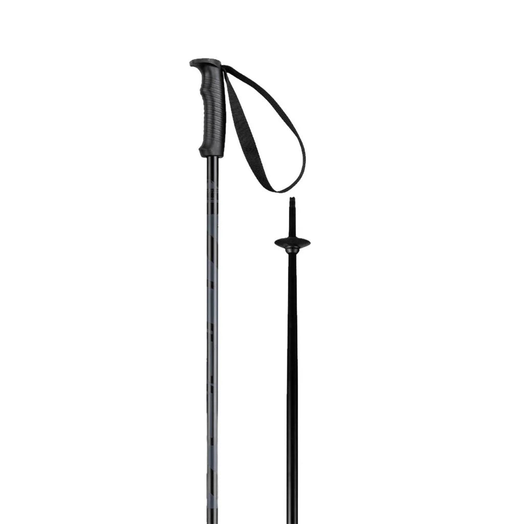 Black ski pole with adjustable cuff on a white background