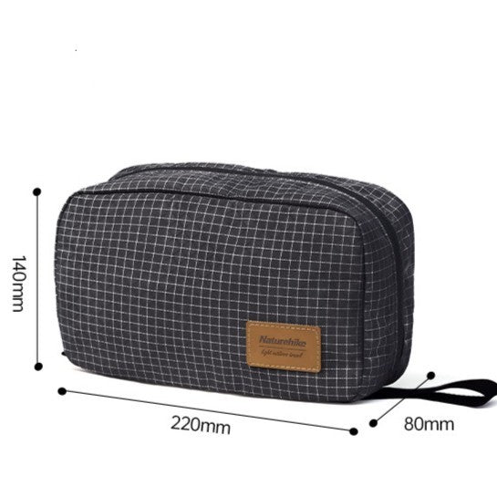 Gray checkered toiletry bag with dimensions on a white background