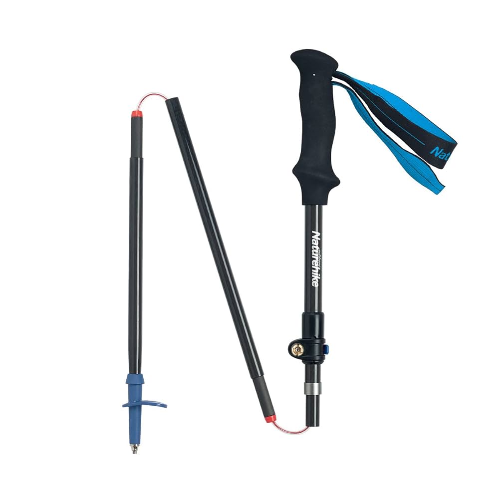 Two hiking poles with black and blue accents on a white background