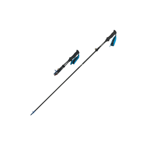 Pair of black and blue hiking poles on a white background