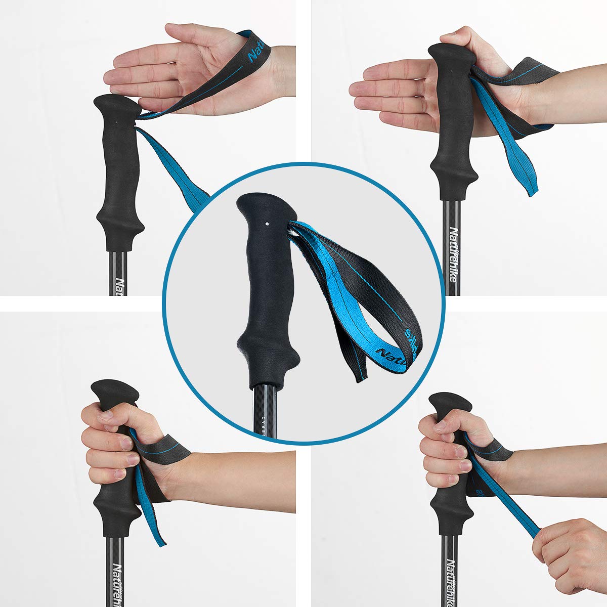 Collage of hands holding black and blue hiking poles with close-up details on a white background.