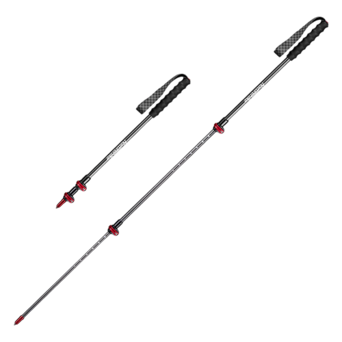 Two adjustable ski poles with black and red accents on a white background