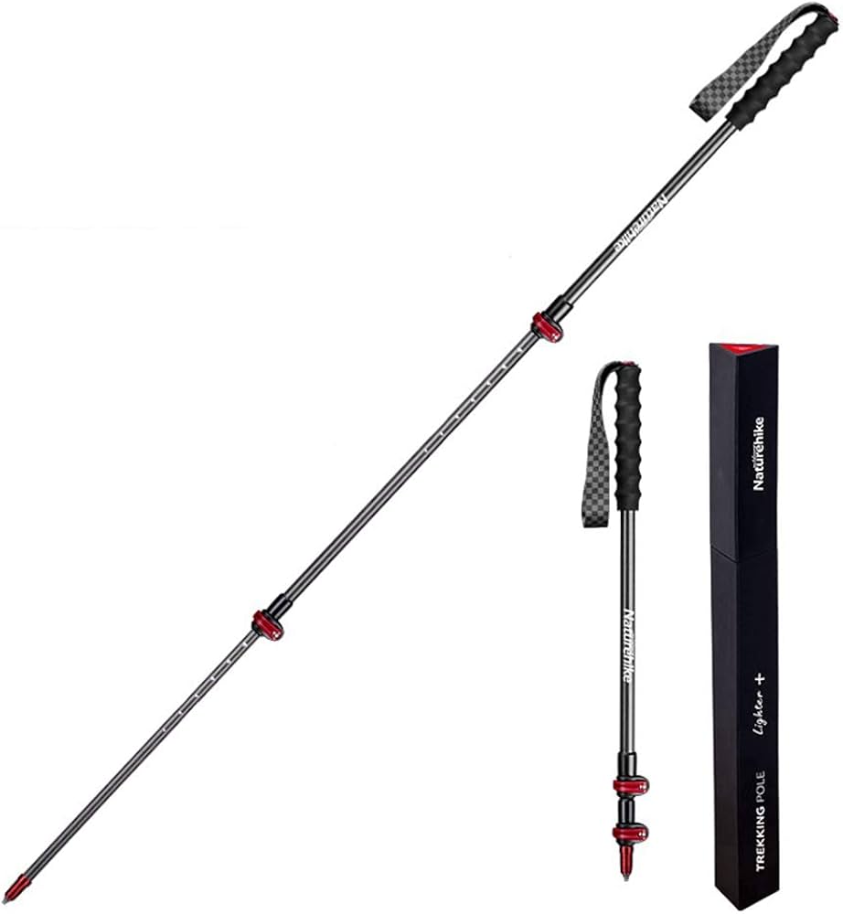 Two hiking poles with red accents and a carrying case on a white background