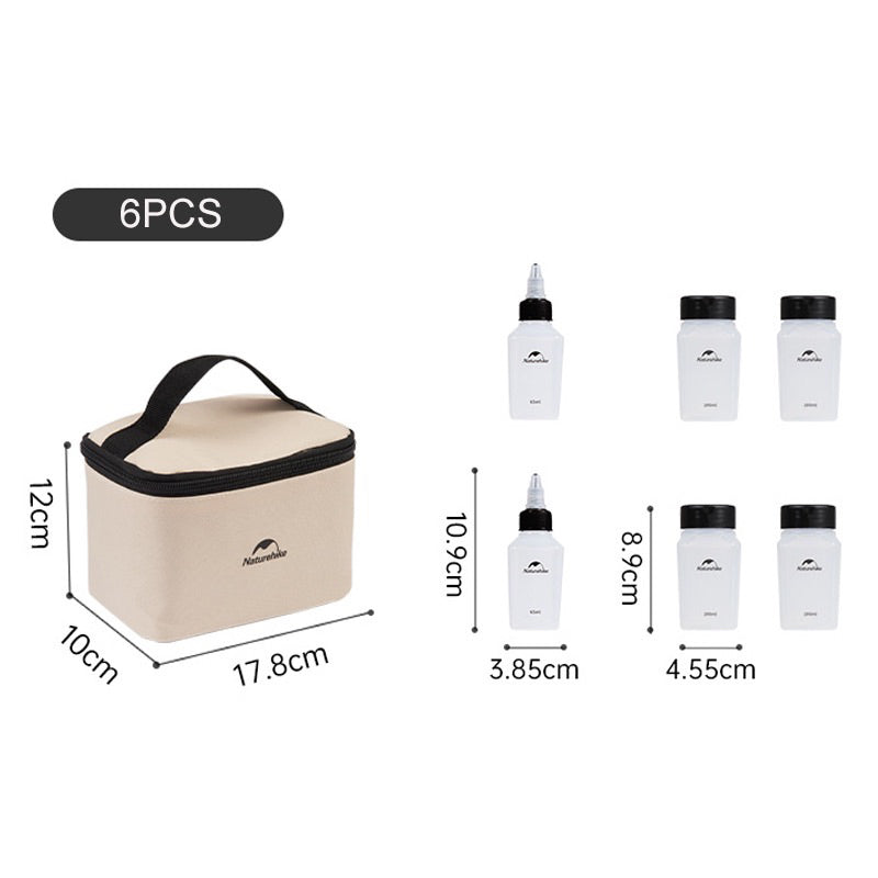 Set of 6 cosmetic bottles with a carrying case, showing dimensions and brand name.