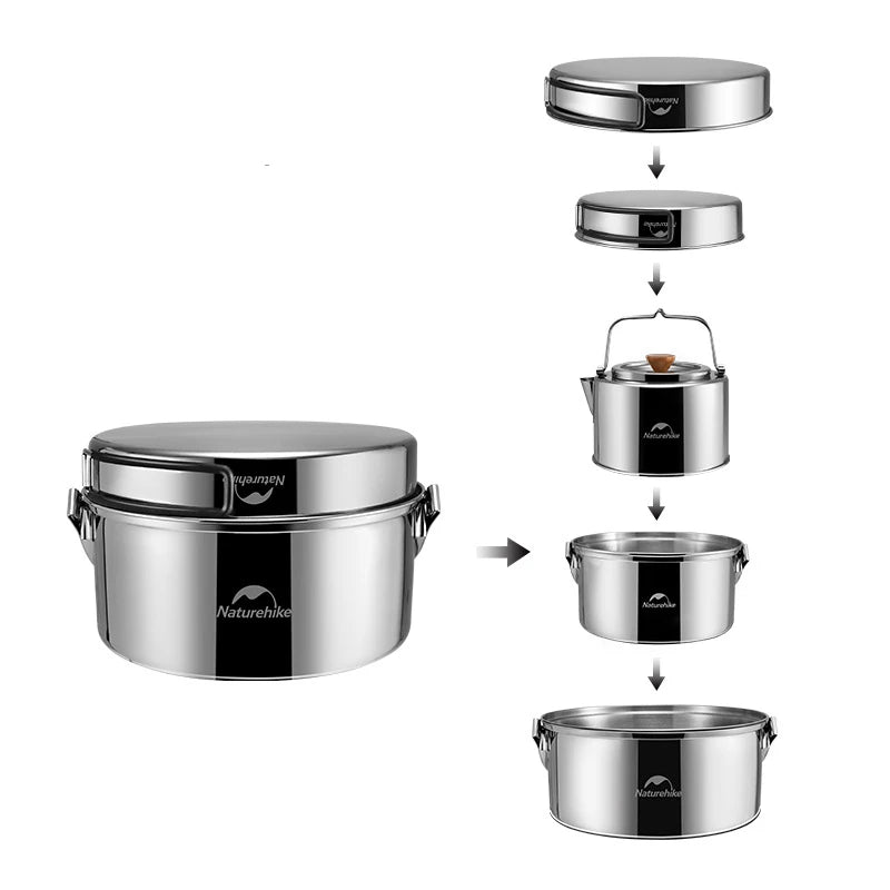 Set of stainless steel cookware with 'Naturehike' branding on a white background