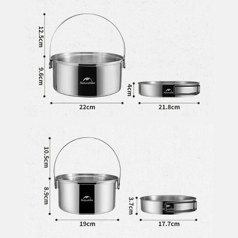 Stainless steel pot with dimensions labeled on a white background