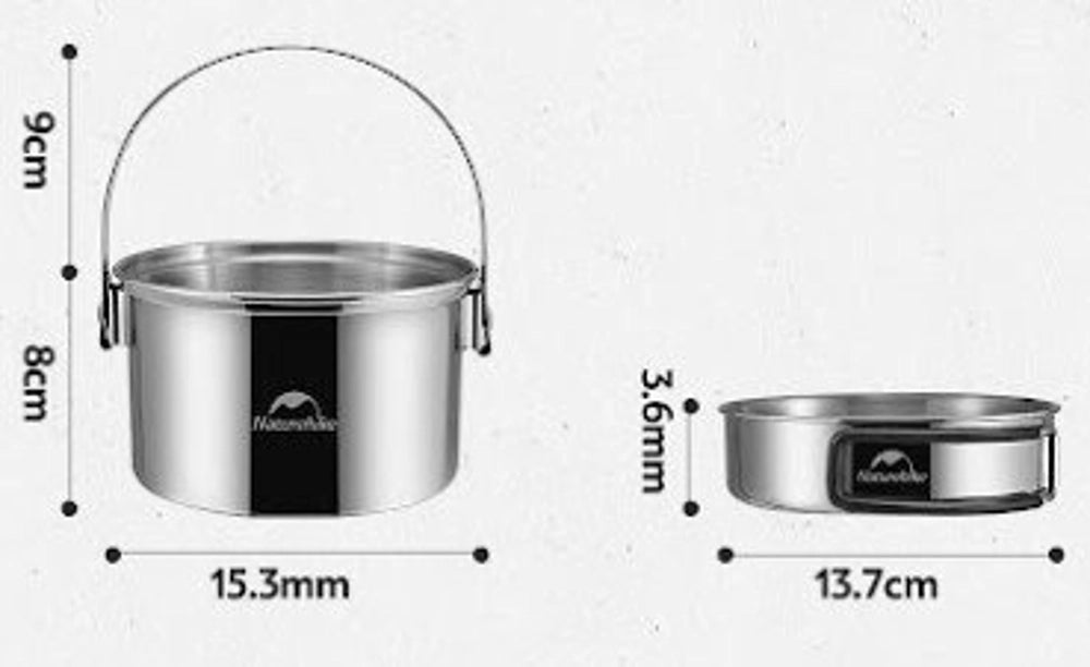 Stainless steel pot with dimensions labeled on a white background