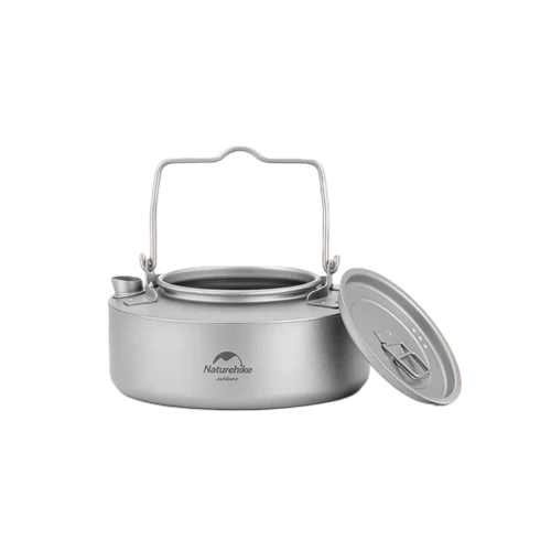 Stainless steel kettle with lid on a white background