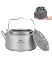 Stainless steel camping pot with lid and carrying bag on a white background