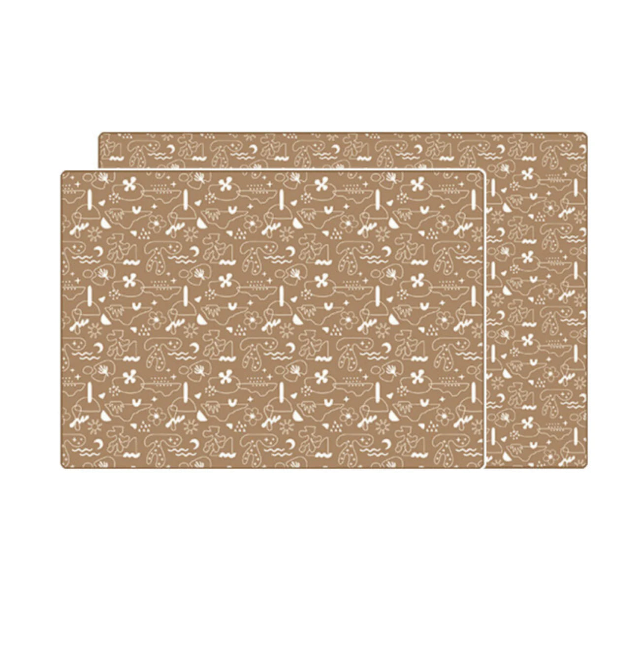 Two beige placemats with white geometric pattern on a white background