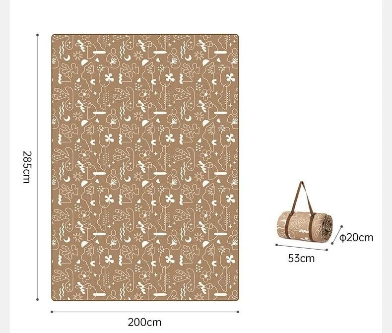Beige patterned mat with dimensions and roll-up dimensions displayed