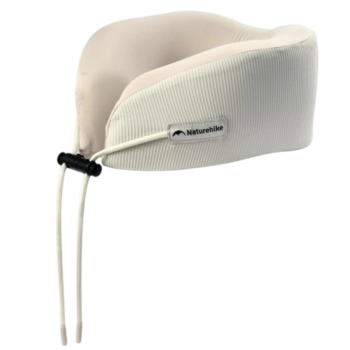 Beige neck pillow with a strap and 'Naturehike' label on a white background