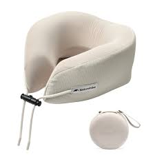 Beige travel neck pillow with carrying case on a white background