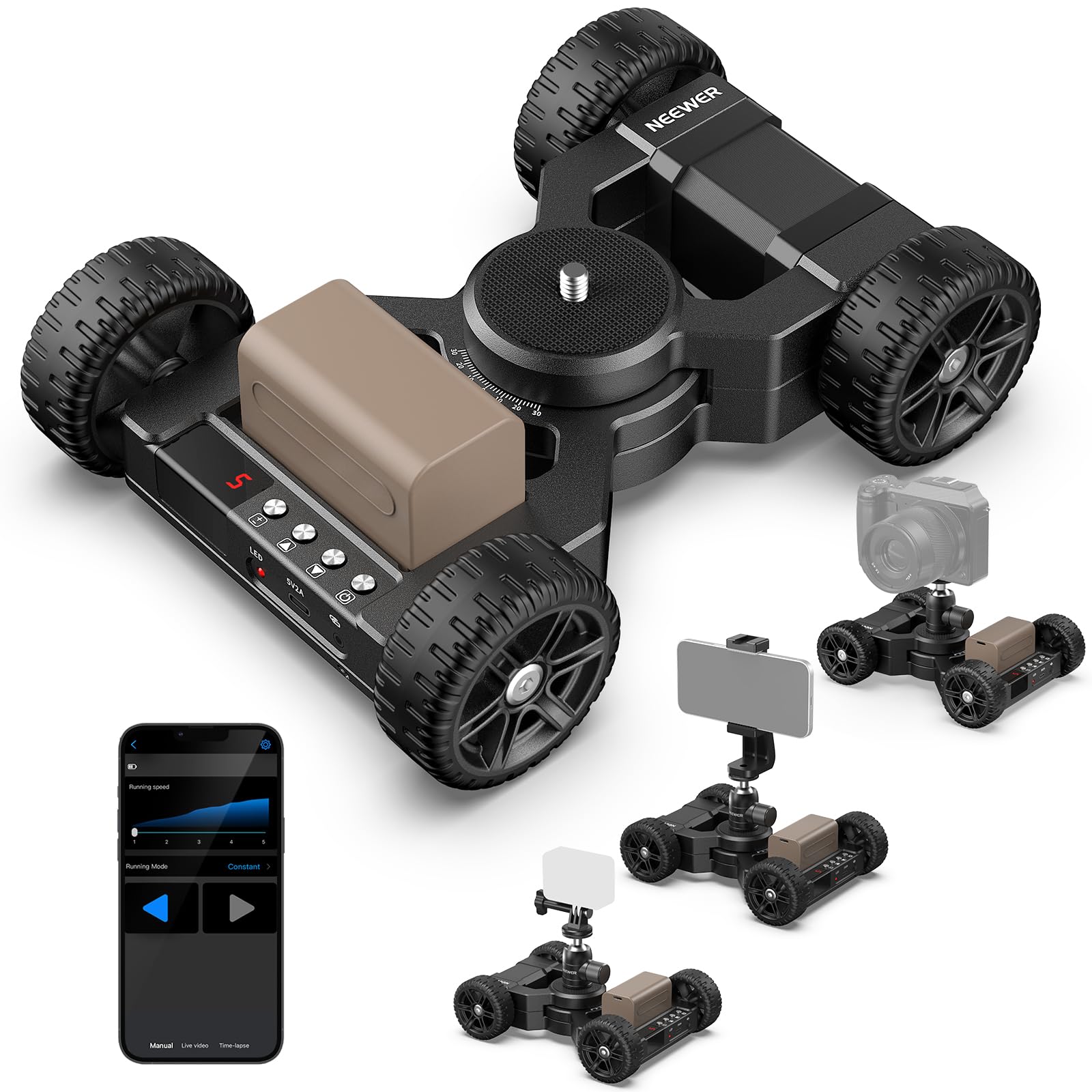 Camera stabilizing rig with wheels, smartphone app, and additional camera mounts on a white background