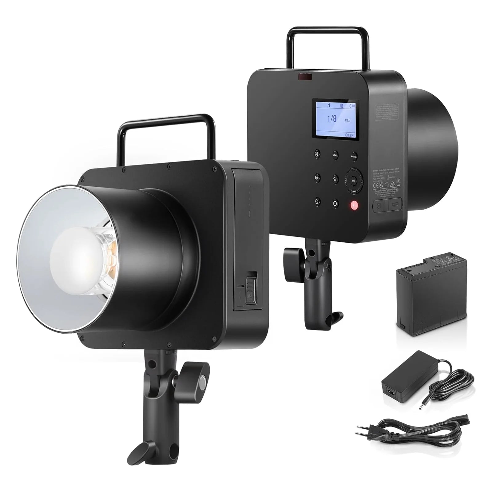 Studio light equipment with stand, power adapter, and cable on a white background