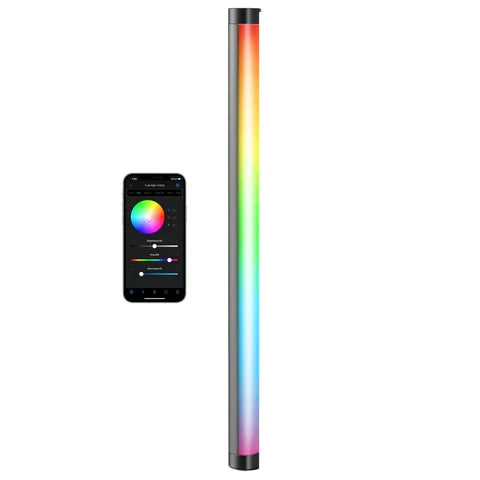 Colorful LED cylindrical light with smartphone app interface on a white background
