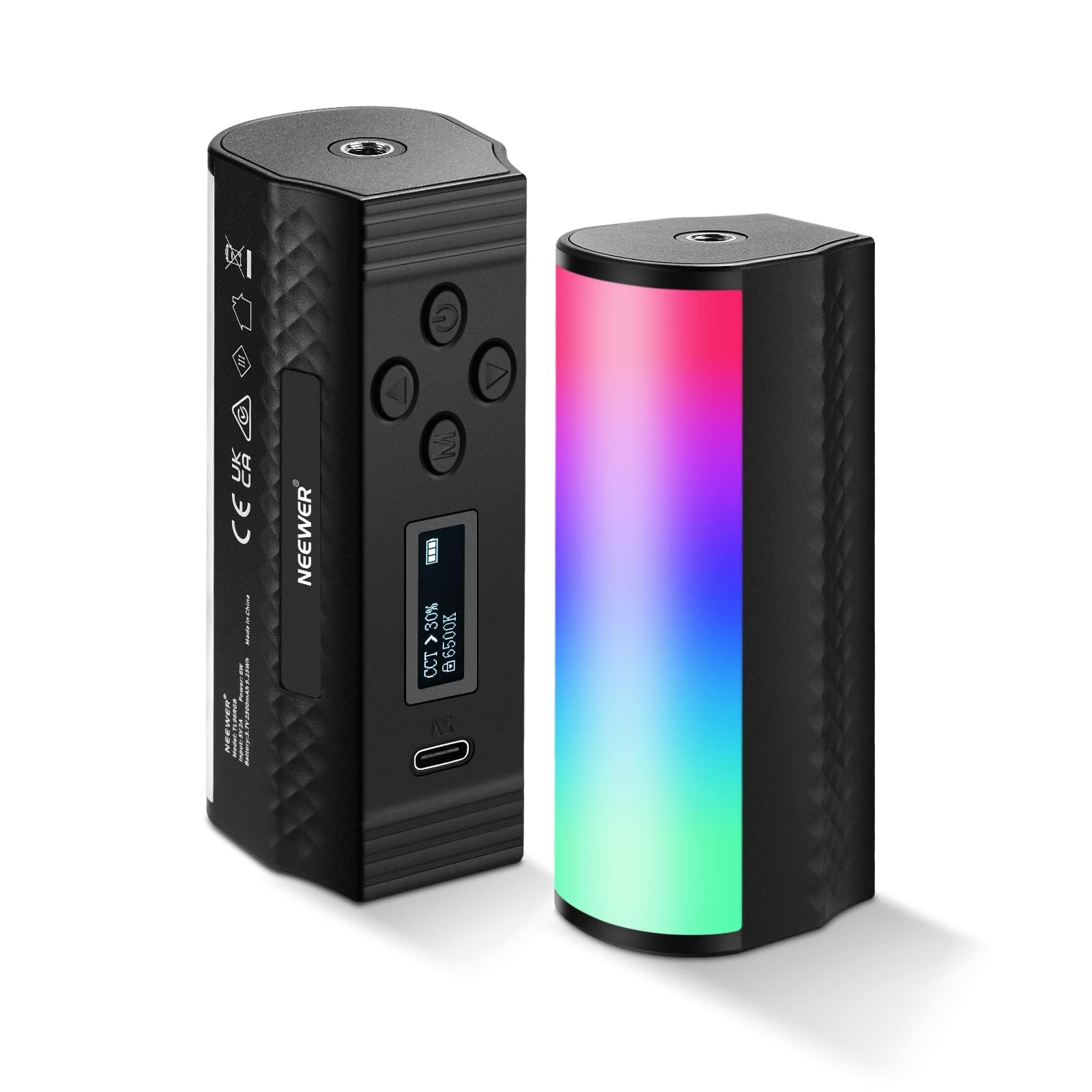Black electronic device with colorful LED light on a white background