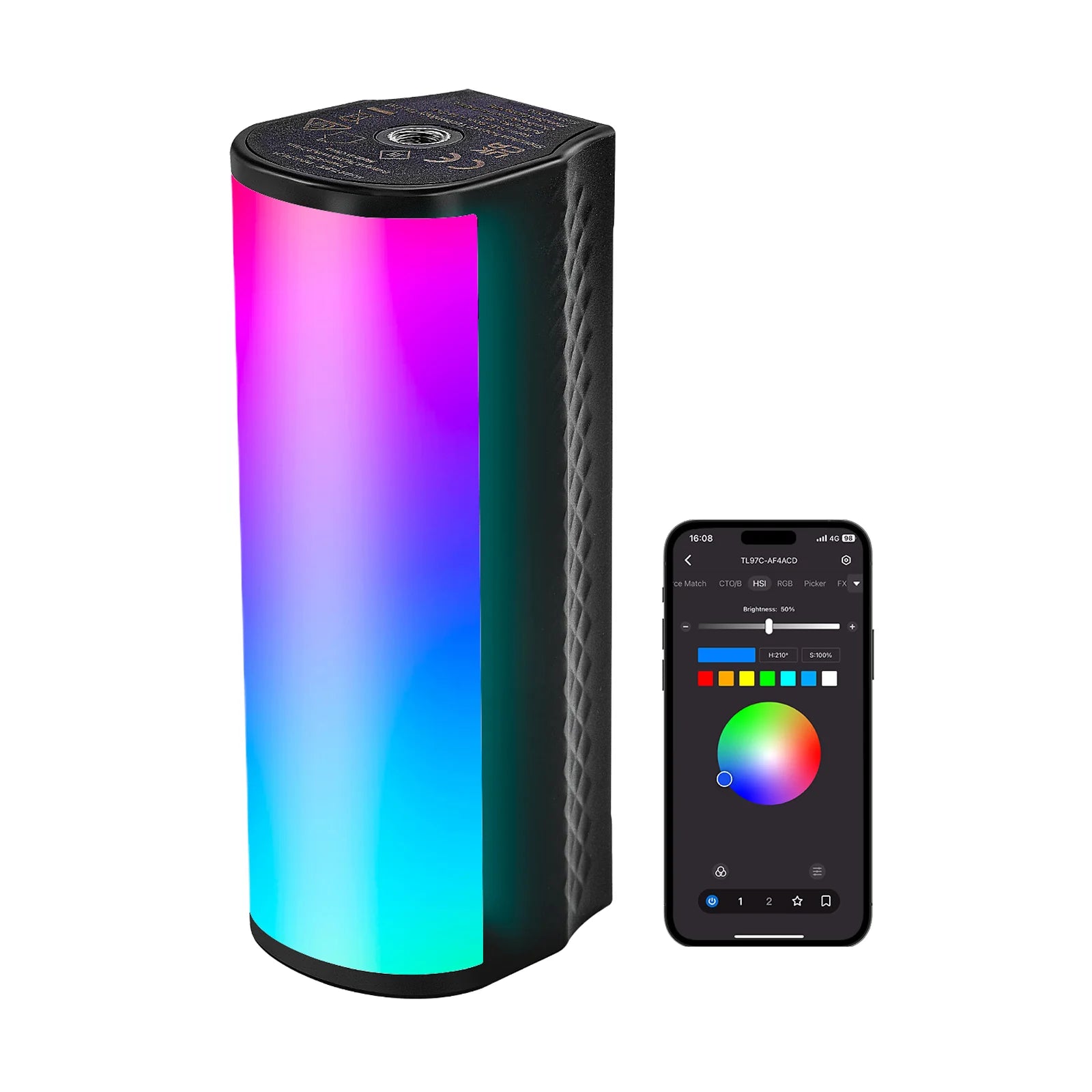 Colorful cylindrical device with a smartphone app interface on a white background
