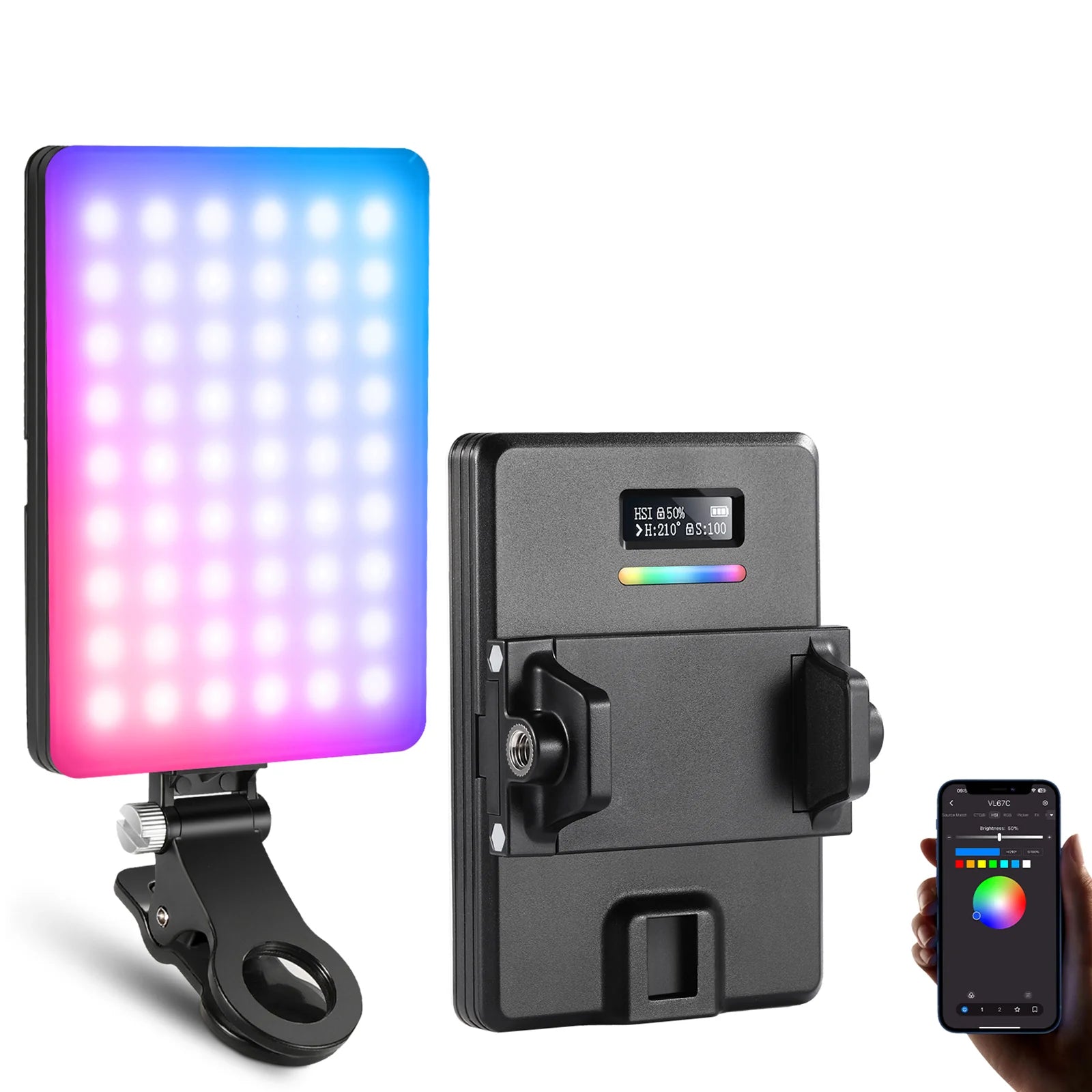 Colorful LED panel light with smartphone app control on a white background