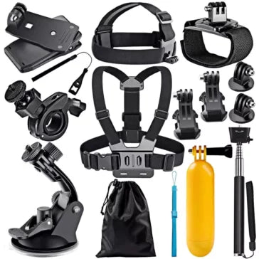 Collection of various accessories for action cameras including a chest harness, mount, and monopod.