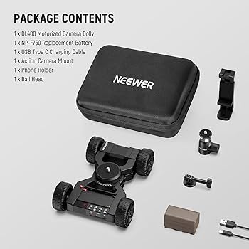 Neewer camera dolly and accessories with packaging on a white background