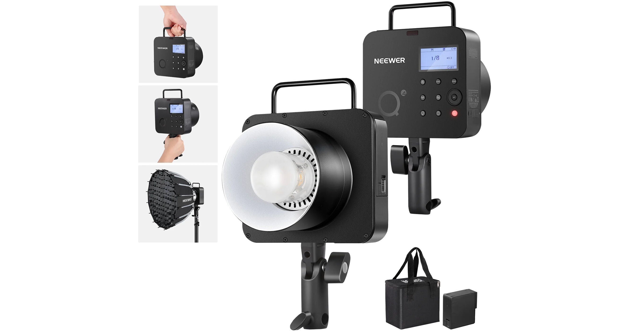 Neewer studio light with accessories on a white background
