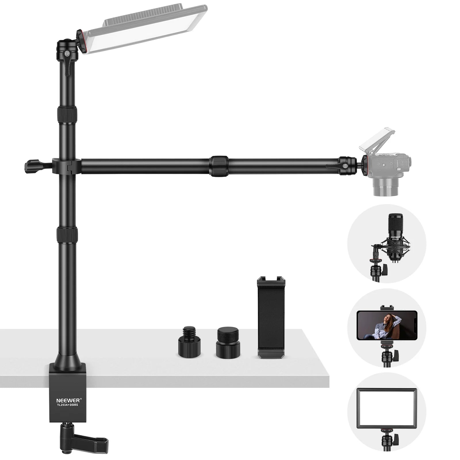 Black adjustable stand with light and mounting options on a white background