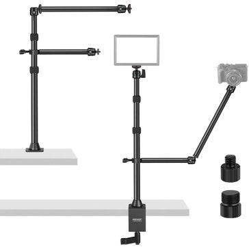 Camera and light stand setup with adjustable arm on a white background