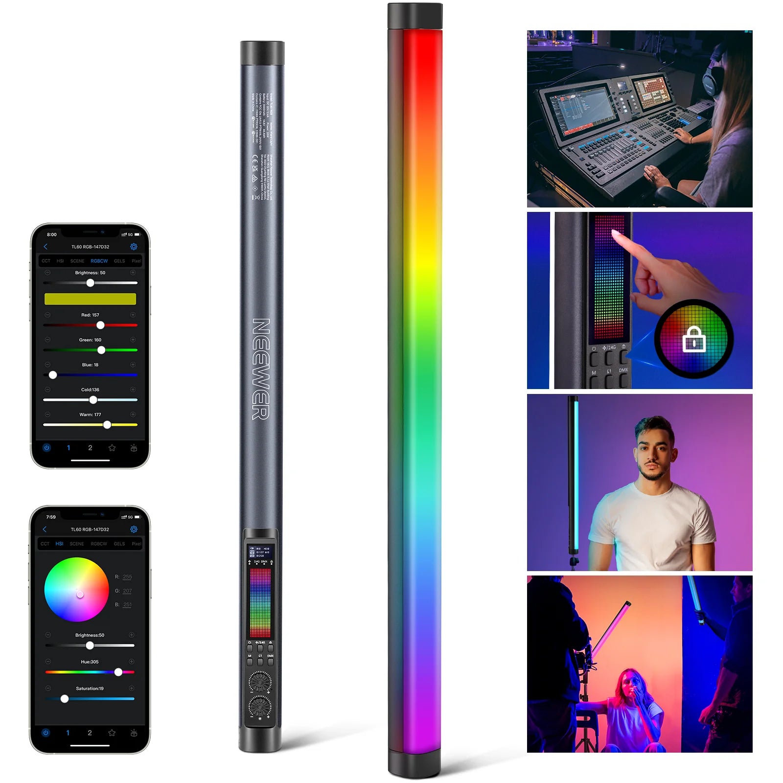 Color-changing LED strip light with smartphone app control and various usage scenarios.