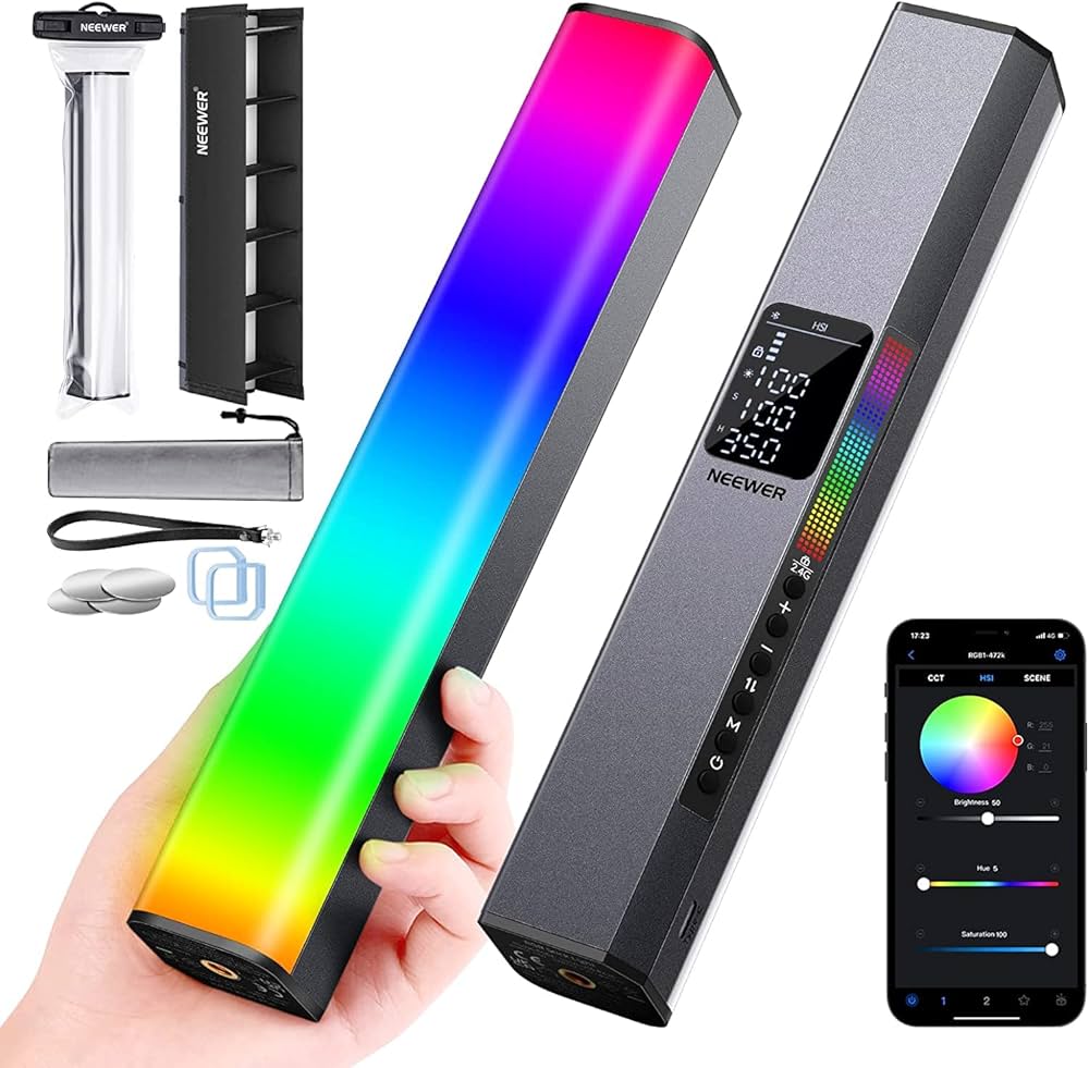 Neewer LED light bar with RGB color display, remote control, and smartphone app on a white background.