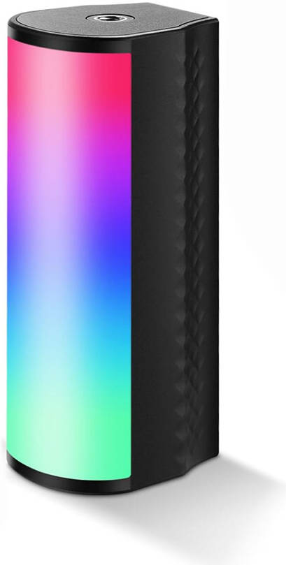 Colorful cylindrical device with a gradient from pink to green on a white background