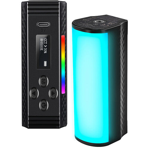 Black electronic device with digital display and control buttons, next to a cylindrical light-emitting component.
