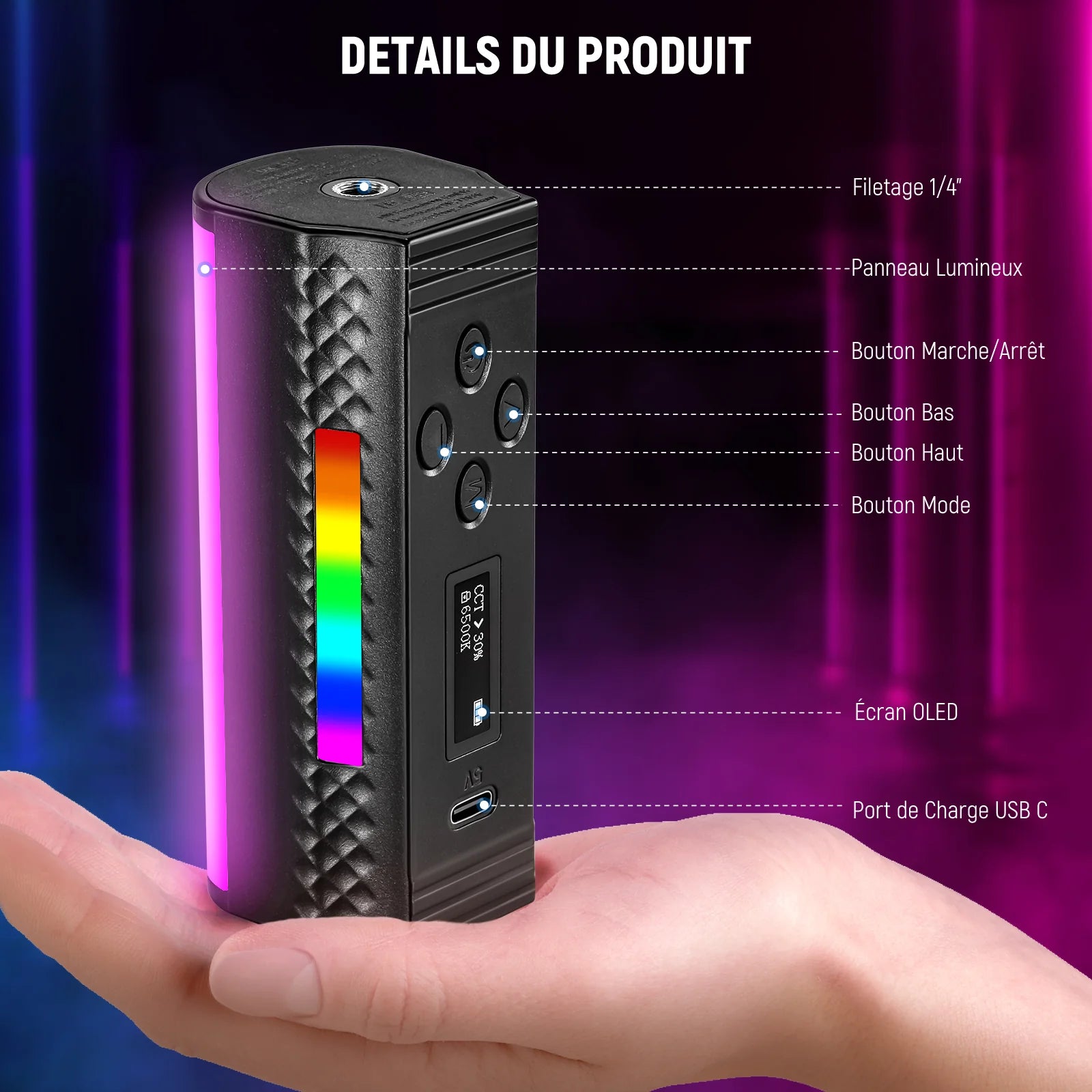 Black electronic device held in a hand with colorful lighting effects on a dark background