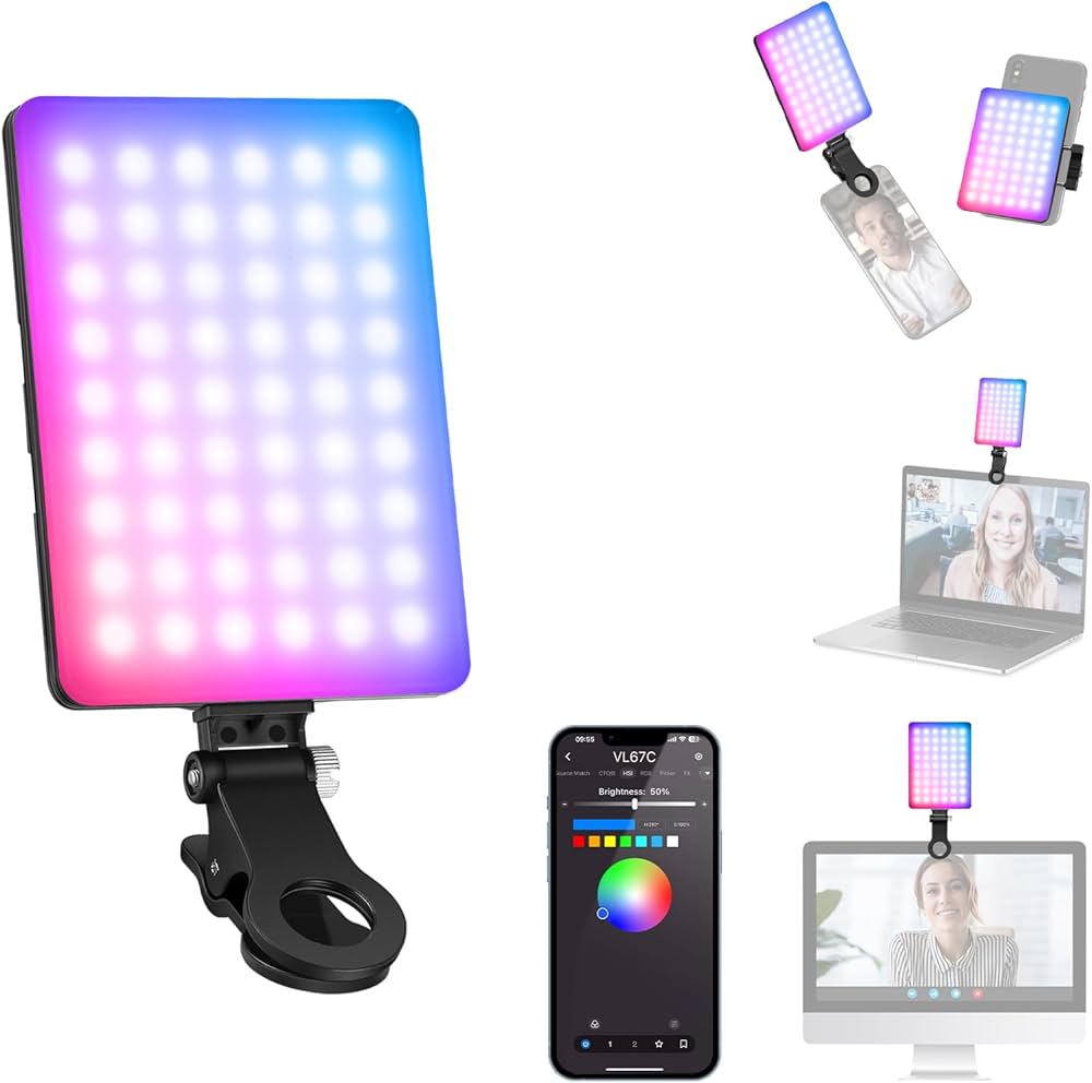 LED light panel with smartphone app for color adjustment, used on a laptop and tablet.