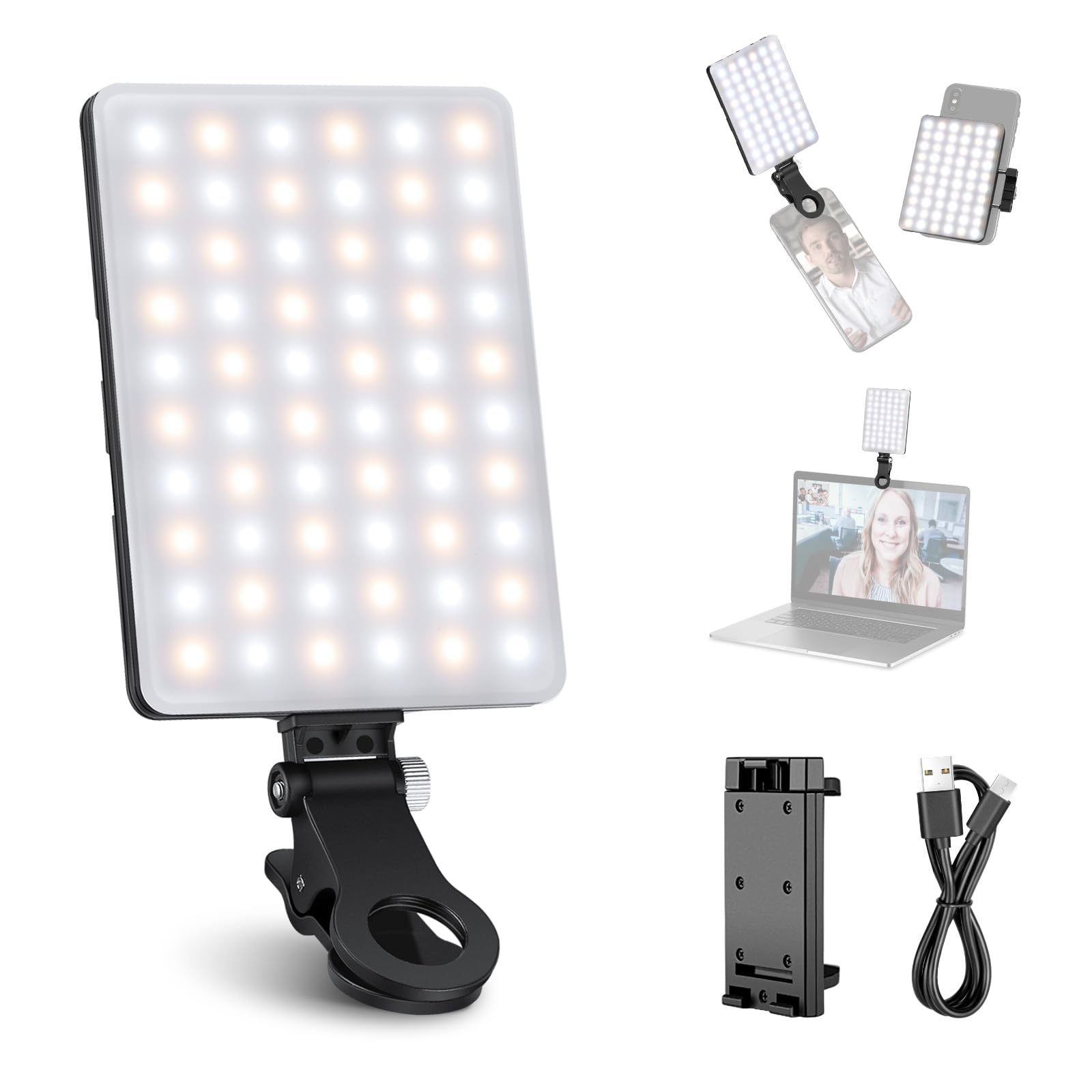 LED video light panel with accessories on a white background