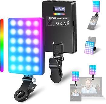 LED video light with color display and clip for camera, smartphone, and laptop