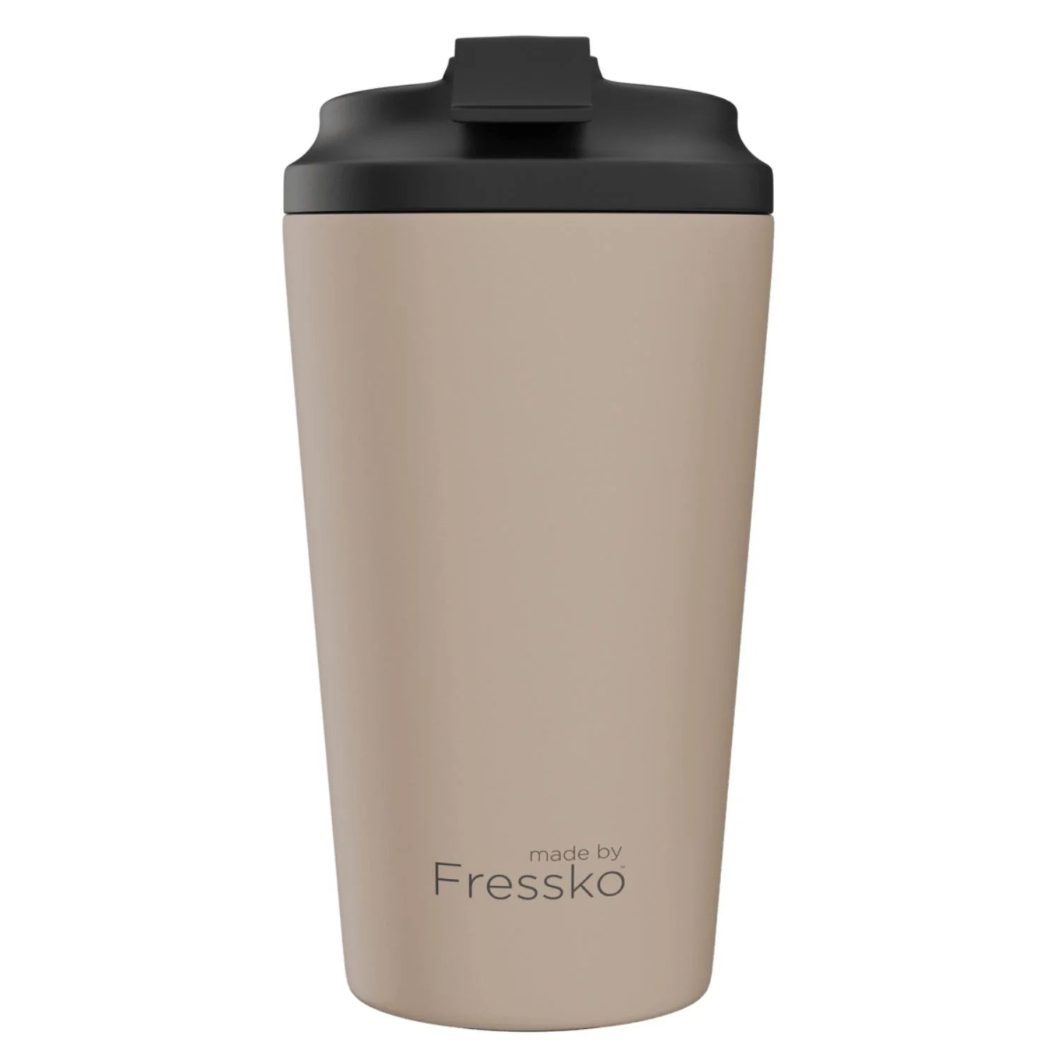 Beige tumbler with black lid on a white background, branded 'made by Fressko'.