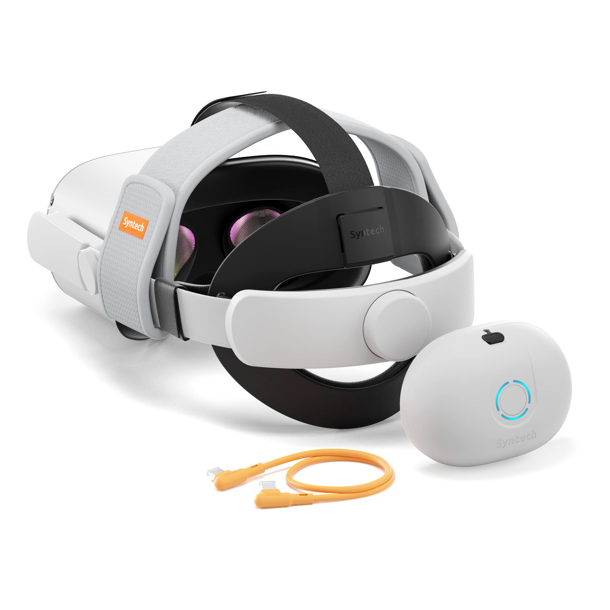 Oculus Quest 2 VR headset with controller and cable on a white background