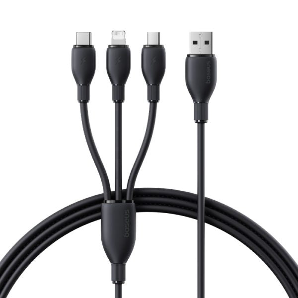 Multi-device charging cable with different connectors on a white background