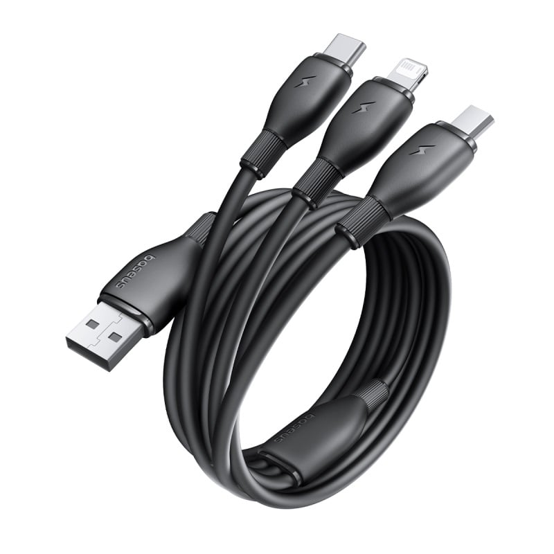 Multi-device charging cable with different connectors on a white background