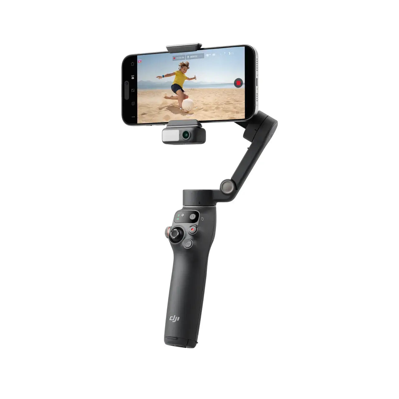 Handheld camera stabilizer with smartphone attached on a white background