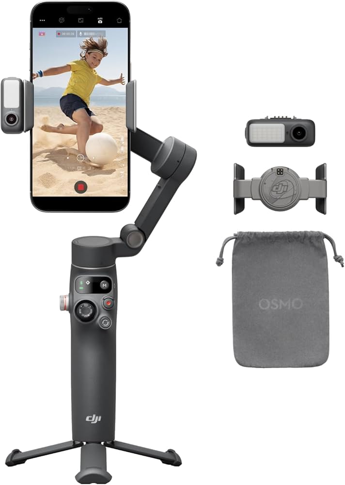 DJI Osmo Mobile 3 smartphone gimbal with phone holder and carrying pouch on a white background