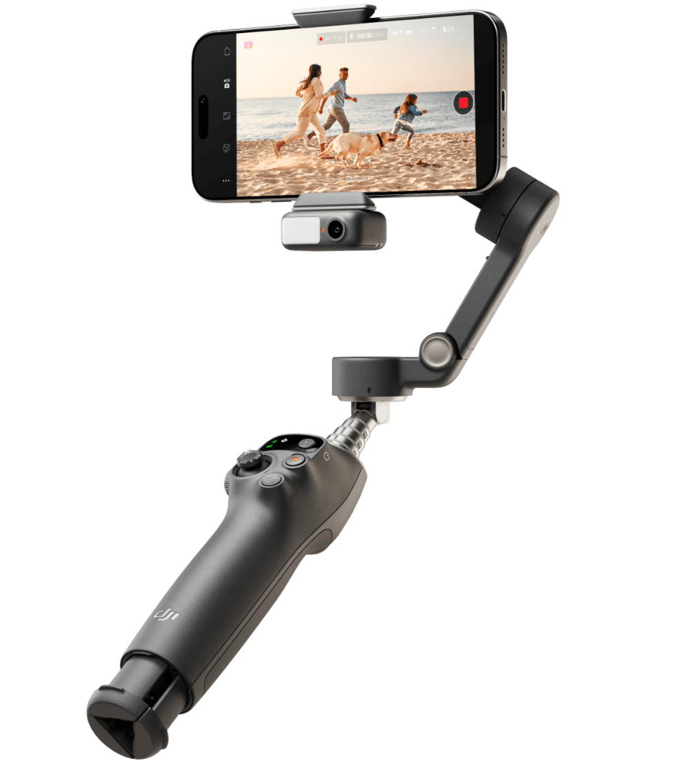 Handheld smartphone stabilizer with phone mount on a black background