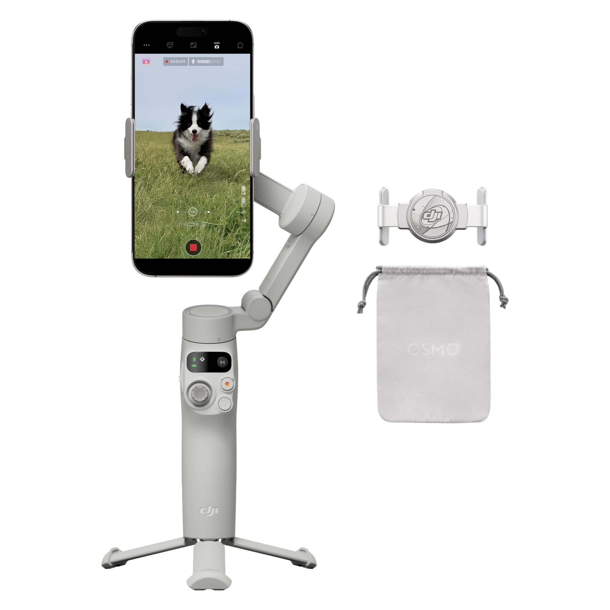 DJI Osmo Mobile 3 smartphone stabilizer with phone mount and carrying pouch on a white background