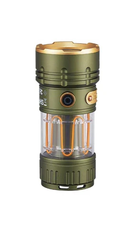 Green and gold camping lantern on a white background