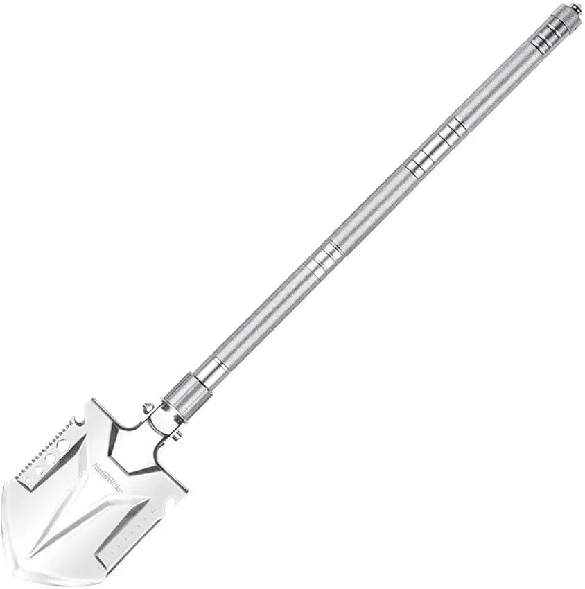 Metal shovel with a long handle on a white background
