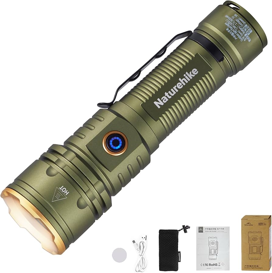 Green flashlight with 'Naturehike' branding on a white background