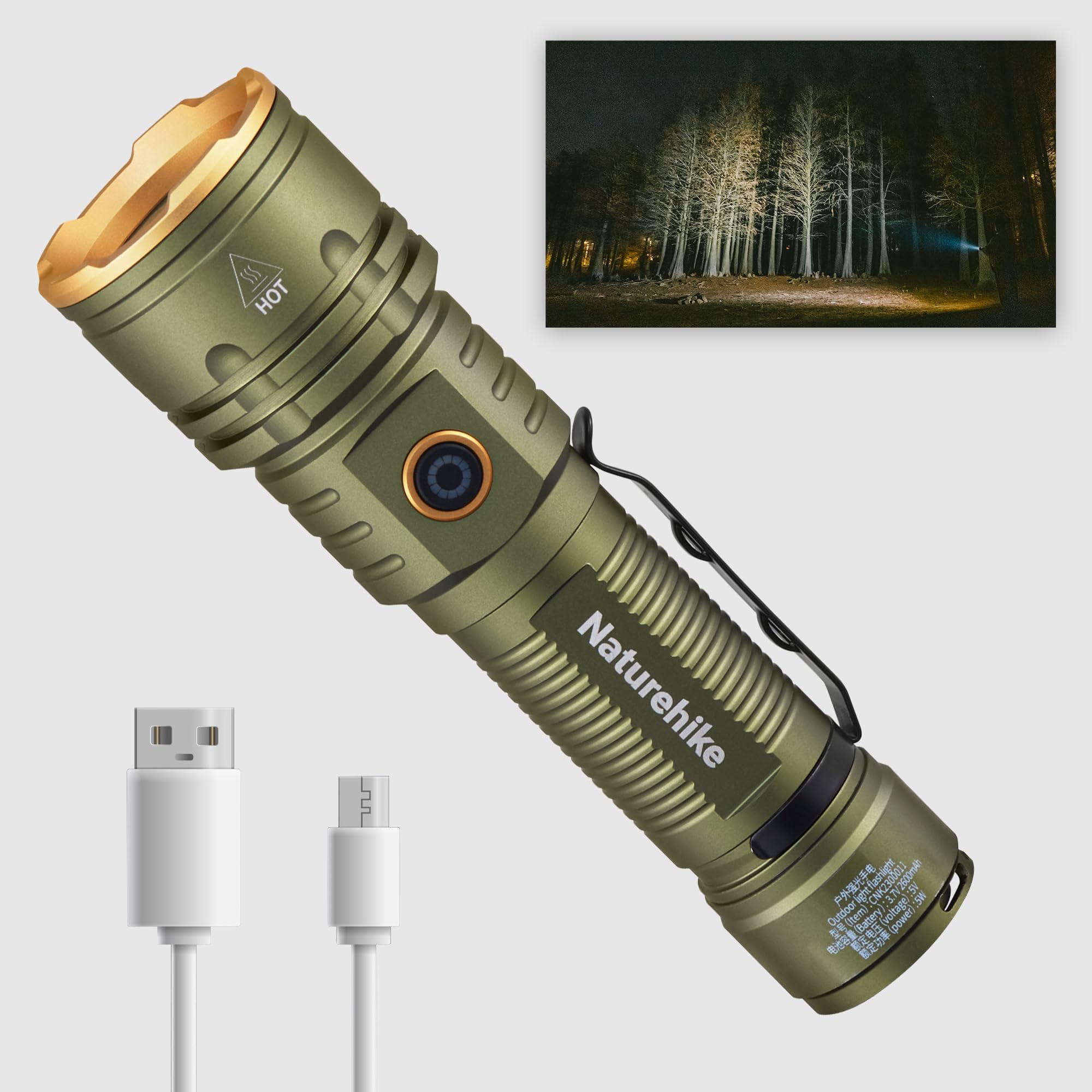 Green flashlight with USB cable on a white background, inset showing flashlight in use.