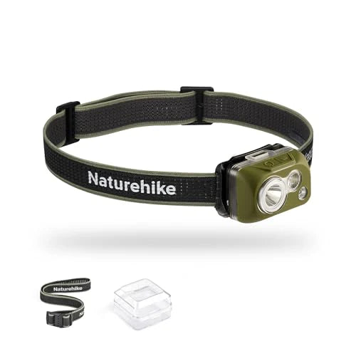 Green headlamp with black strap on a white background, featuring the brand 'Naturehike'.