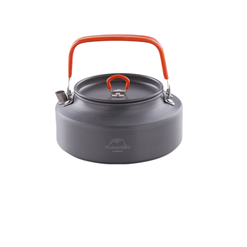Gray camping kettle with an orange handle on a white background